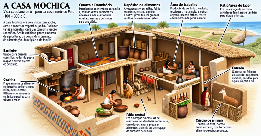 Reconstituição da Casa Mochica: quarto, cozinha, depósito de alimentos, área de trabalho, criação de animais e pátio central