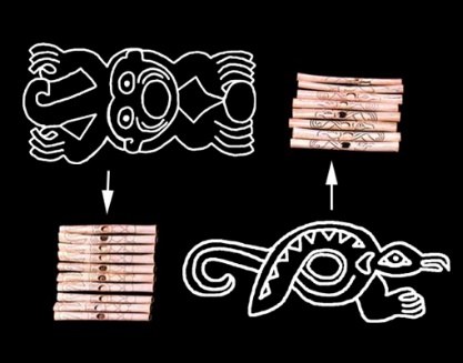 Flautas ósseas de ossos de pelicanos com desenhos de macacos e tartarugas, símbolos de status e linhagem.