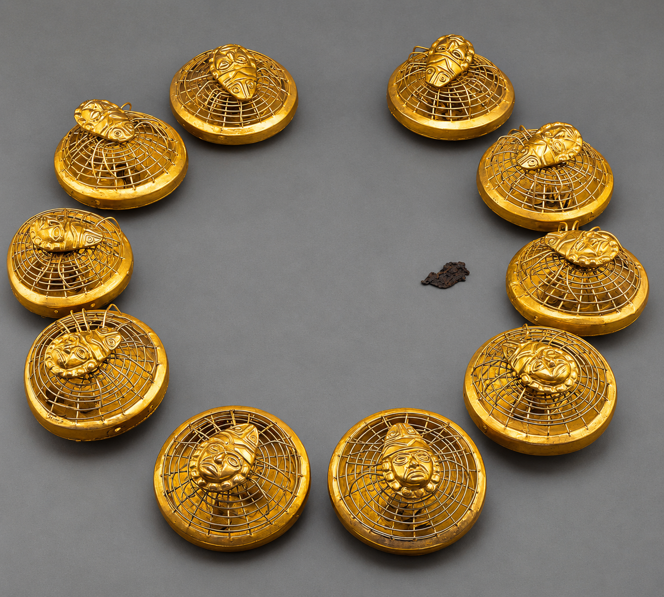 Colar de contas de ouro com rostos modelados em ouro