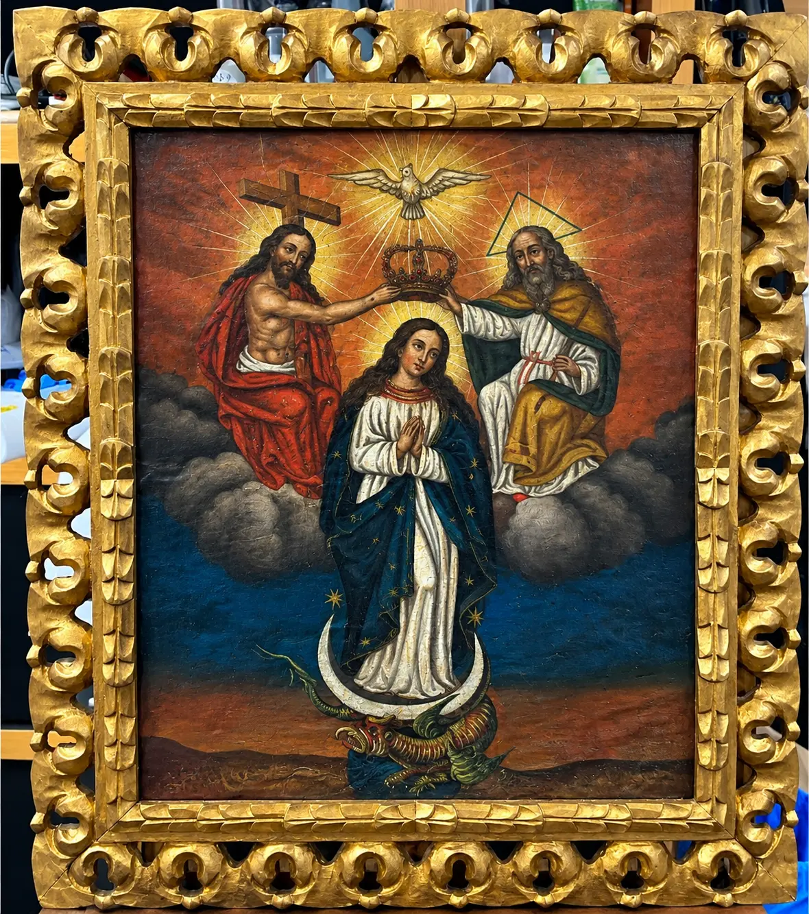 Coroação da Virgem Maria pela Santíssima Trindade — Escola Cusquenha, século XVIII