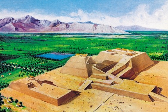 O Santuário de Sipan mostrado em seu esplendor original. Reconstruído com base a estudos principalmente a utilização das rampas de acesso ao monumento.