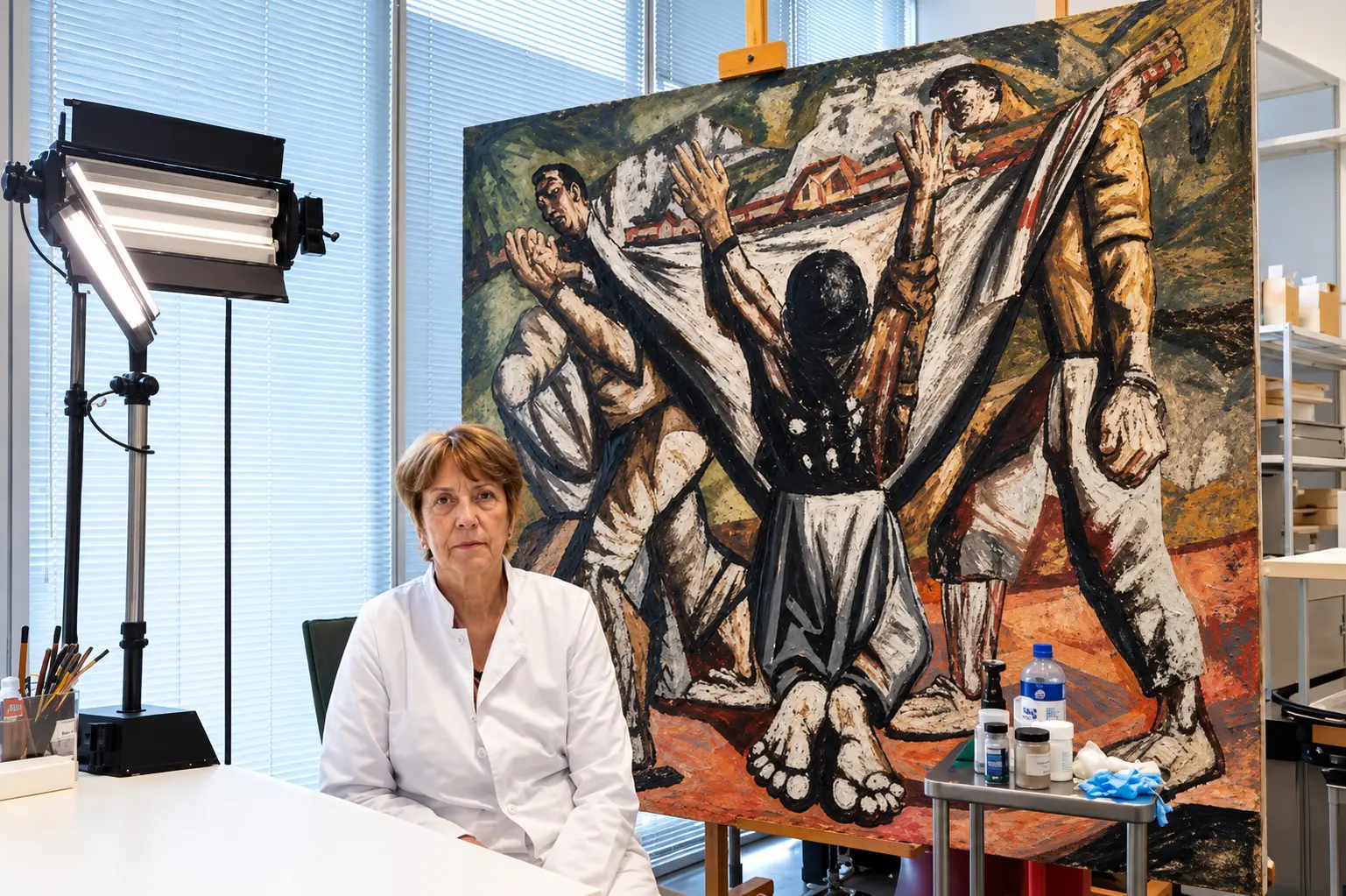 Restauradora diante de obra da série “Os Retirantes”, de Candido Portinari